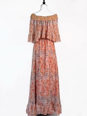 Off-Shoulder Peach Floral Maxi Dress
